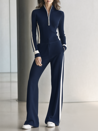 Women's Fashionable Black And White Half-zip Knitted Casual Tracksuit
