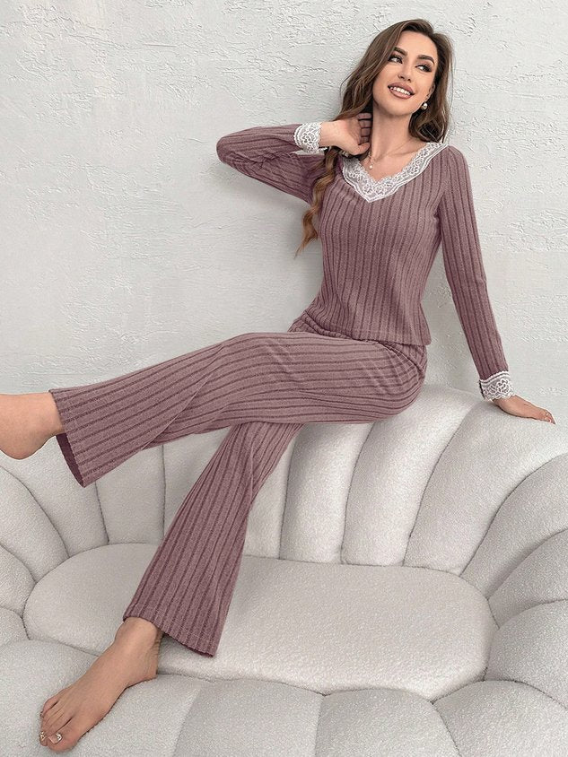 Women Plain Two-Piece Set Daily Long Sleeve Casual Spring/Fall Top With Pants Matching Set