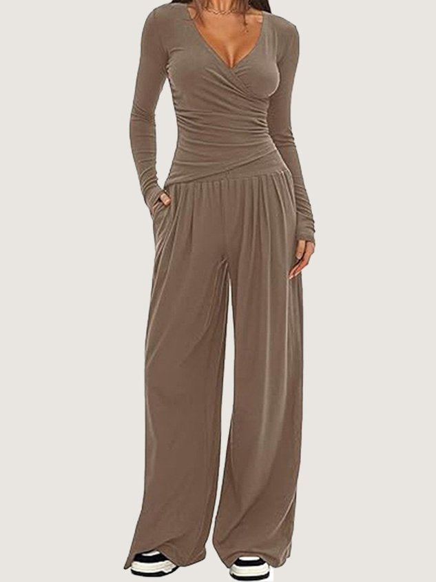 Women Plain Split Joint Two-Piece Set Daily Long Sleeve Casual Spring/Fall Top With Pants Matching Set