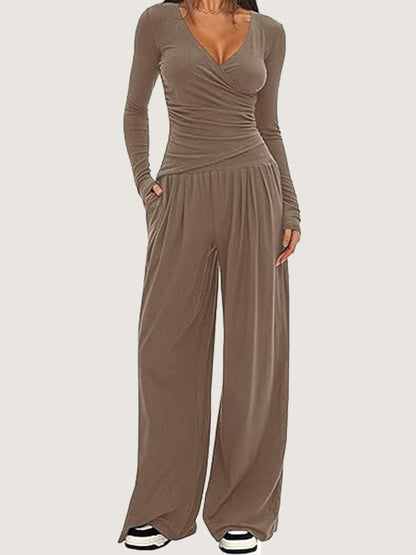 Women Plain Split Joint Two-Piece Set Daily Long Sleeve Casual Spring/Fall Top With Pants Matching Set