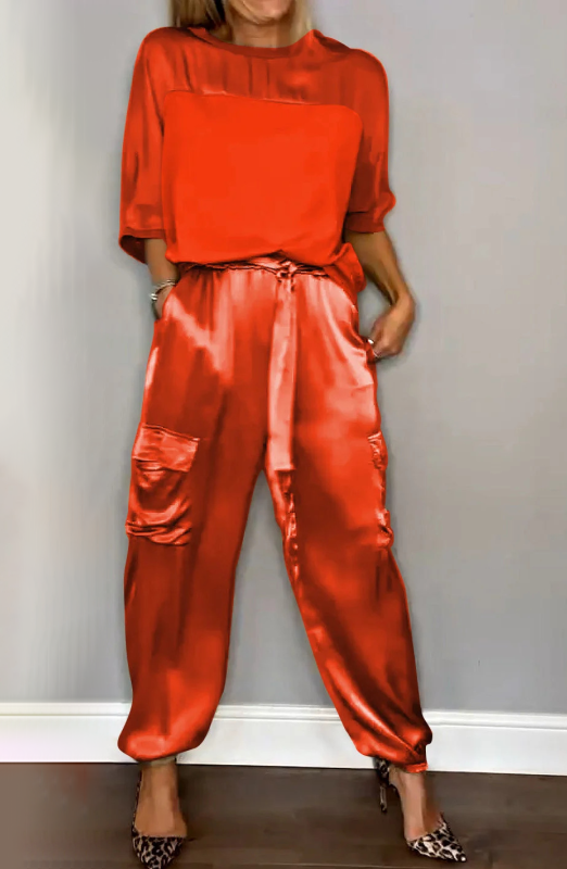 Women Plain Pocket Stitching Two-Piece Set Daily Half Sleeve Casual Summer Top With Pants Matching Set