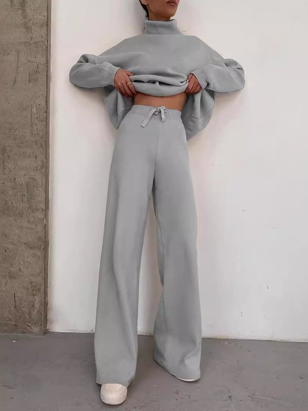 Women Plain Lace-up Two-Piece Set Daily Long Sleeve Casual Spring/Fall Top With Pants Matching Set
