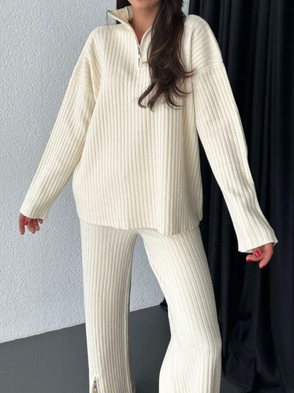 Women Plain Split Joint Two-Piece Set Daily Long Sleeve Casual Spring/Fall Top With Pants Matching Set