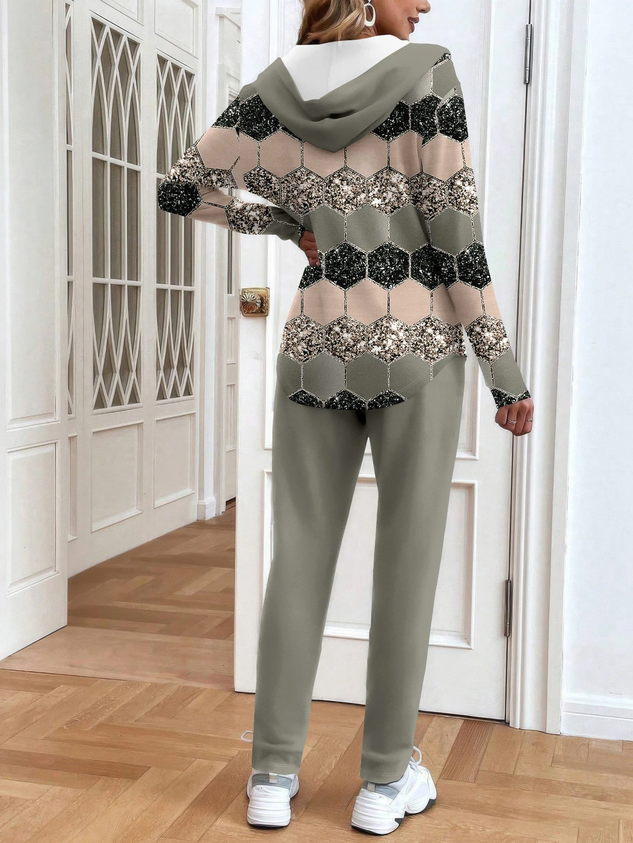 Women Abstract Printing Two-Piece Set Daily Long Sleeve Casual Spring/Fall Coat With Pants Matching Set