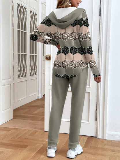 Women Abstract Printing Two-Piece Set Daily Long Sleeve Casual Spring/Fall Coat With Pants Matching Set