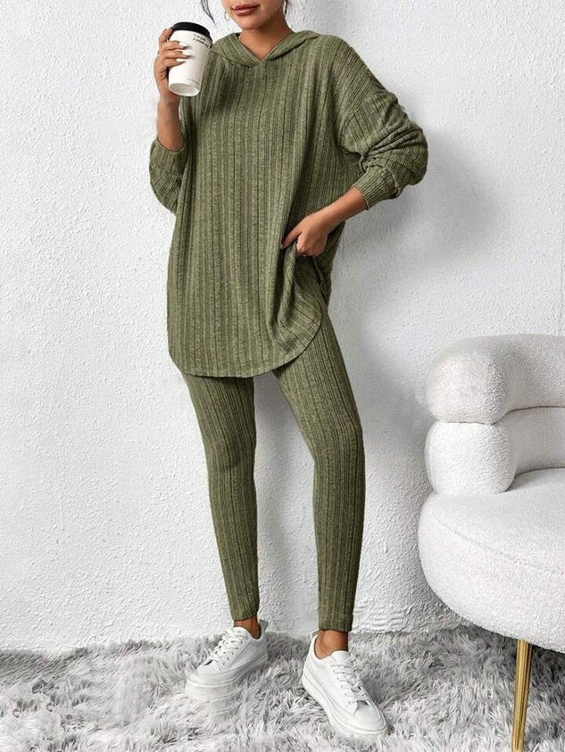 Women Plain Embossed Two-Piece Set Daily Long Sleeve Casual Spring/Fall Top With Pants Matching Set