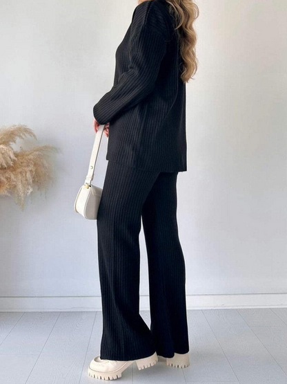 Women Plain Split Joint Two-Piece Set Daily Long Sleeve Casual Spring/Fall Top With Pants Matching Set
