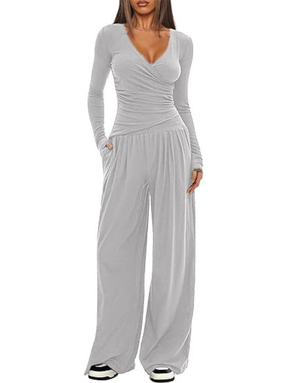 Women Plain Split Joint Two-Piece Set Daily Long Sleeve Casual Spring/Fall Top With Pants Matching Set