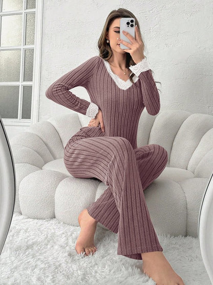 Women Plain Two-Piece Set Daily Long Sleeve Casual Spring/Fall Top With Pants Matching Set
