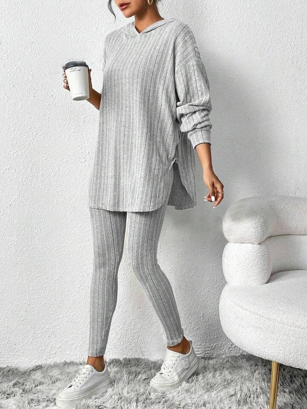 Women Plain Embossed Two-Piece Set Daily Long Sleeve Casual Spring/Fall Top With Pants Matching Set