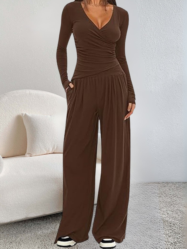 Women Plain Split Joint Two-Piece Set Daily Long Sleeve Casual Spring/Fall Top With Pants Matching Set