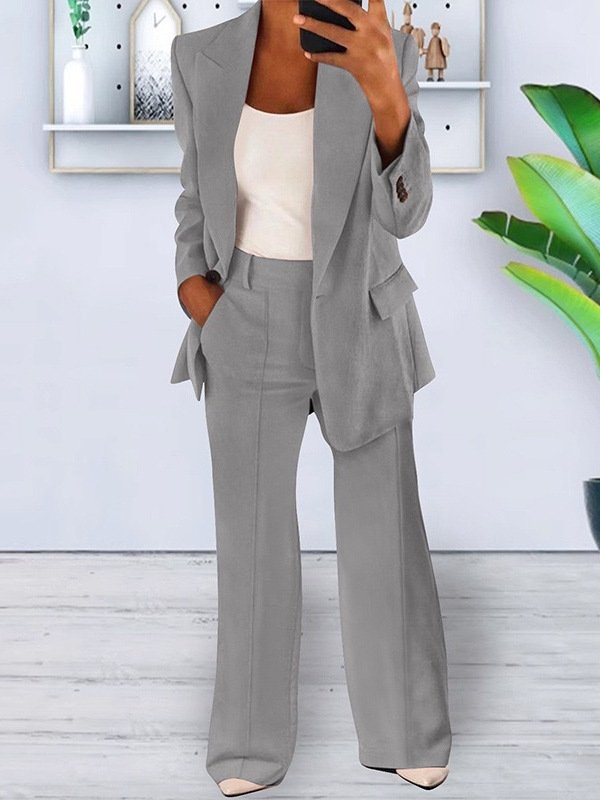 Women Plain Split Joint Two-Piece Set Daily Long Sleeve Casual Spring/Fall Coat With Pants Matching Set