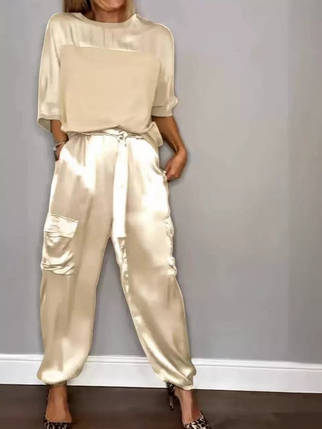 Women Plain Pocket Stitching Two-Piece Set Daily Half Sleeve Casual Summer Top With Pants Matching Set
