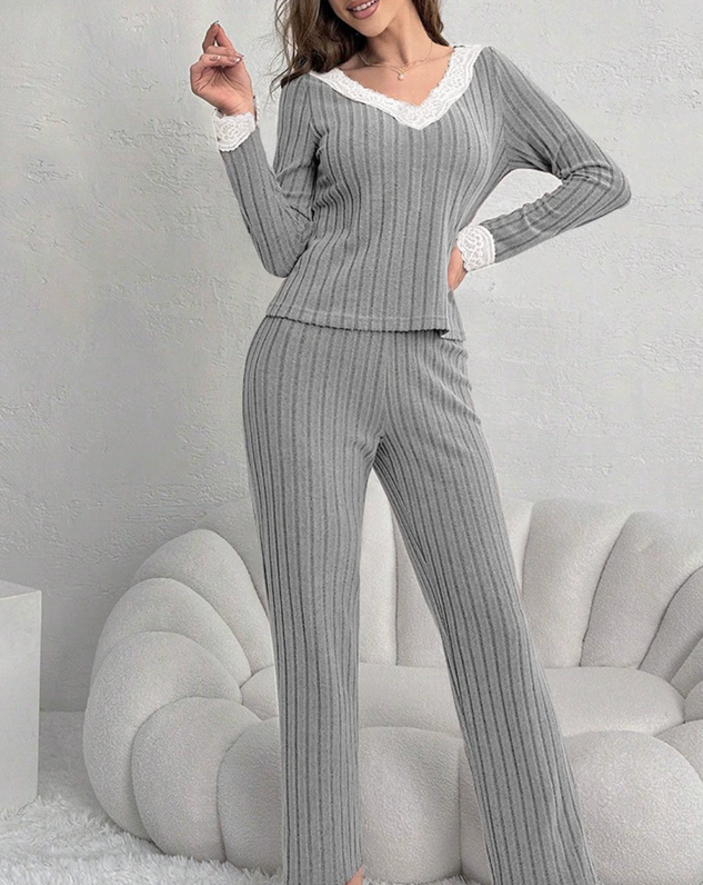 Women Plain Two-Piece Set Daily Long Sleeve Casual Spring/Fall Top With Pants Matching Set