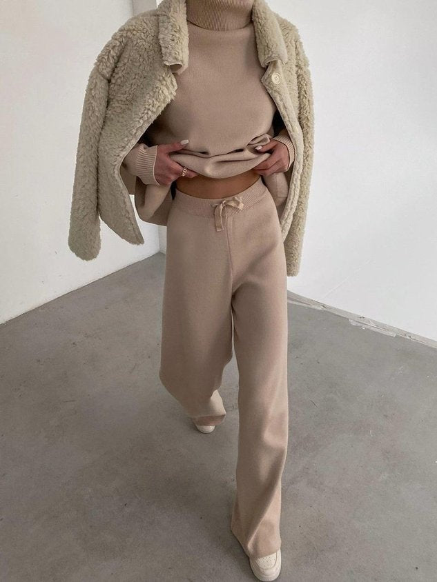 Women Plain Lace-up Two-Piece Set Daily Long Sleeve Casual Spring/Fall Top With Pants Matching Set