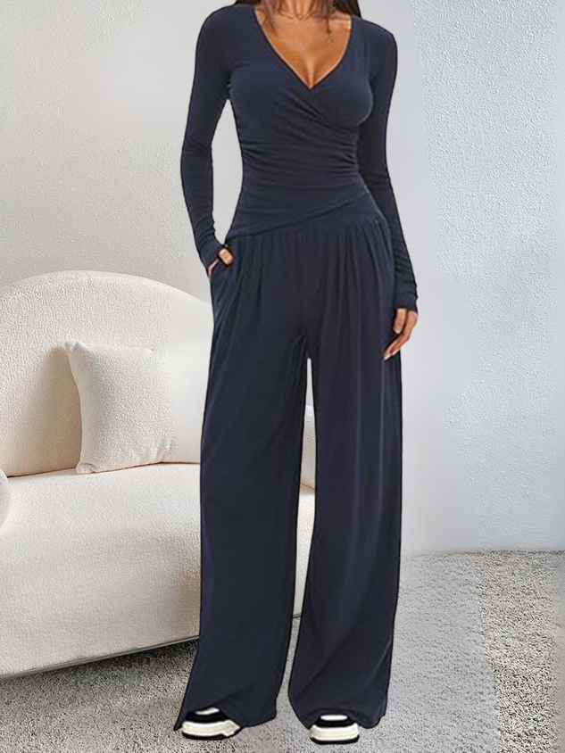 Women Plain Split Joint Two-Piece Set Daily Long Sleeve Casual Spring/Fall Top With Pants Matching Set