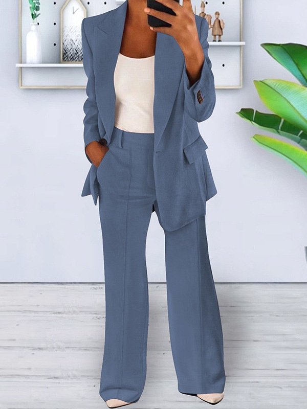 Women Plain Split Joint Two-Piece Set Daily Long Sleeve Casual Spring/Fall Coat With Pants Matching Set