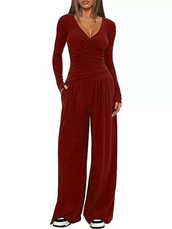Women Plain Split Joint Two-Piece Set Daily Long Sleeve Casual Spring/Fall Top With Pants Matching Set