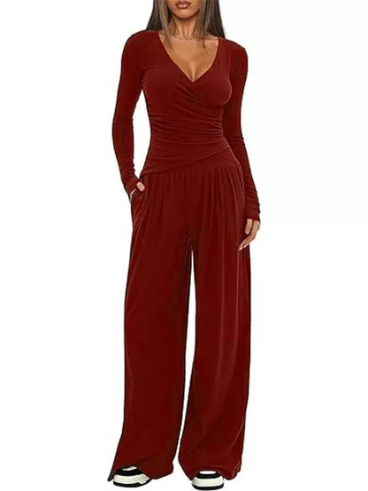 Women Plain Split Joint Two-Piece Set Daily Long Sleeve Casual Spring/Fall Top With Pants Matching Set