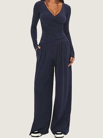 Women Plain Split Joint Two-Piece Set Daily Long Sleeve Casual Spring/Fall Top With Pants Matching Set