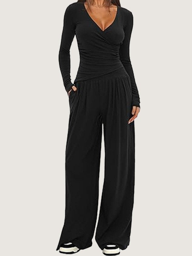 Women Plain Split Joint Two-Piece Set Daily Long Sleeve Casual Spring/Fall Top With Pants Matching Set