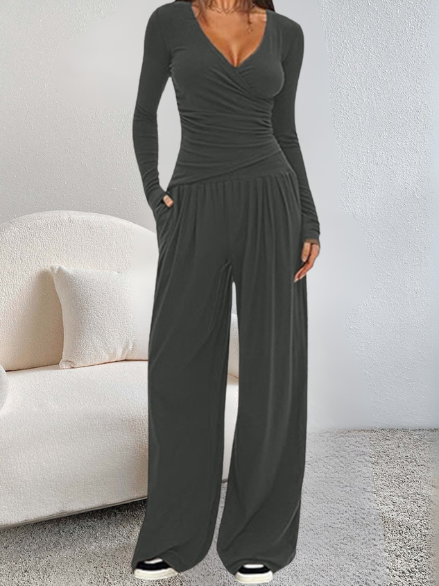 Women Plain Split Joint Two-Piece Set Daily Long Sleeve Casual Spring/Fall Top With Pants Matching Set