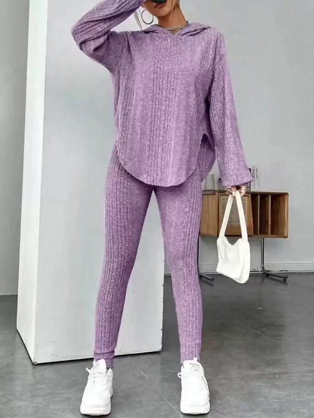 Women Plain Embossed Two-Piece Set Daily Long Sleeve Casual Spring/Fall Top With Pants Matching Set