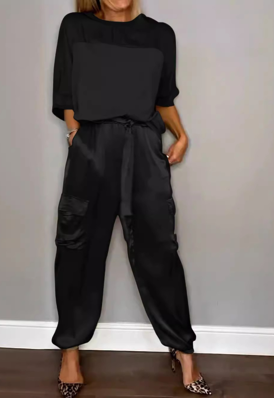 Women Plain Pocket Stitching Two-Piece Set Daily Half Sleeve Casual Summer Top With Pants Matching Set