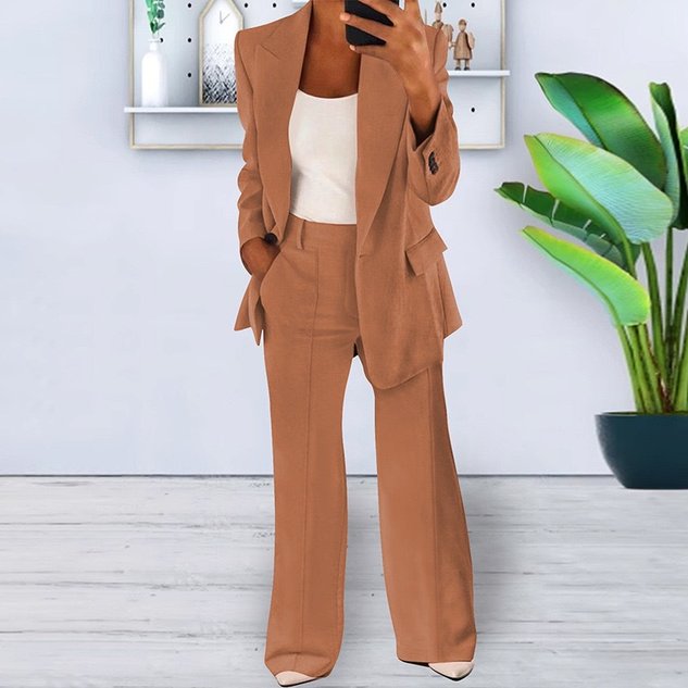 Women Plain Split Joint Two-Piece Set Daily Long Sleeve Casual Spring/Fall Coat With Pants Matching Set