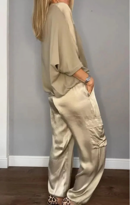 Women Plain Pocket Stitching Two-Piece Set Daily Half Sleeve Casual Summer Top With Pants Matching Set