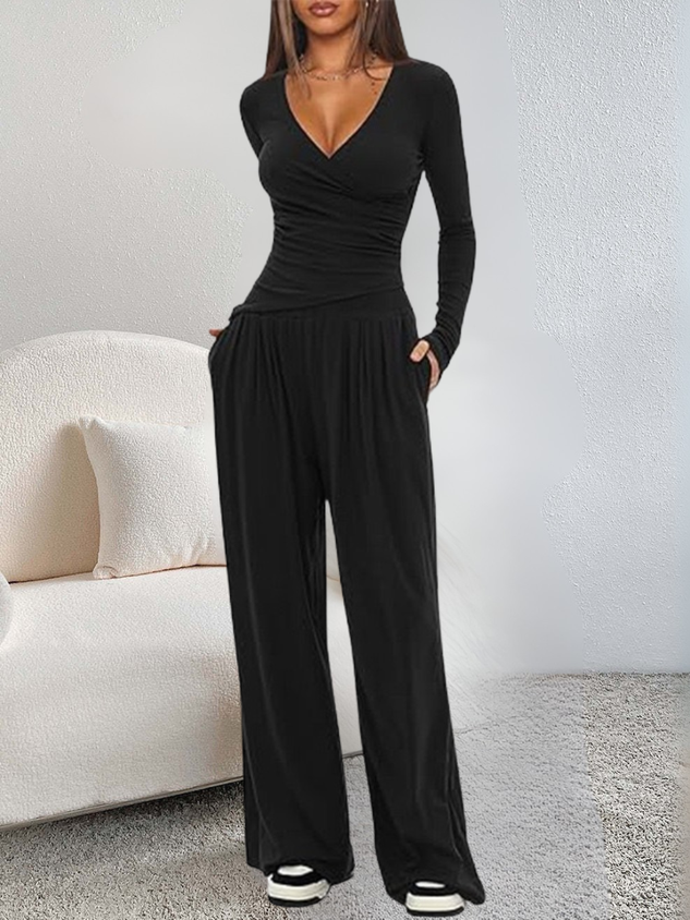 Women Plain Split Joint Two-Piece Set Daily Long Sleeve Casual Spring/Fall Top With Pants Matching Set