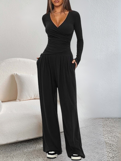 Women Plain Split Joint Two-Piece Set Daily Long Sleeve Casual Spring/Fall Top With Pants Matching Set