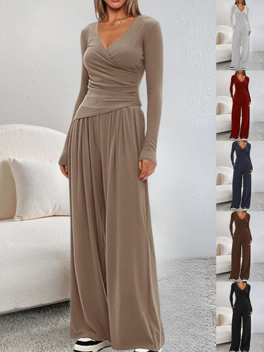 Women Plain Split Joint Two-Piece Set Daily Long Sleeve Casual Spring/Fall Top With Pants Matching Set