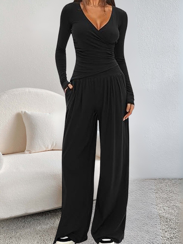 Women Plain Split Joint Two-Piece Set Daily Long Sleeve Casual Spring/Fall Top With Pants Matching Set