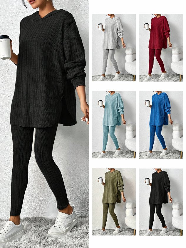 Women Plain Embossed Two-Piece Set Daily Long Sleeve Casual Spring/Fall Top With Pants Matching Set