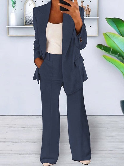 Women Plain Split Joint Two-Piece Set Daily Long Sleeve Casual Spring/Fall Coat With Pants Matching Set