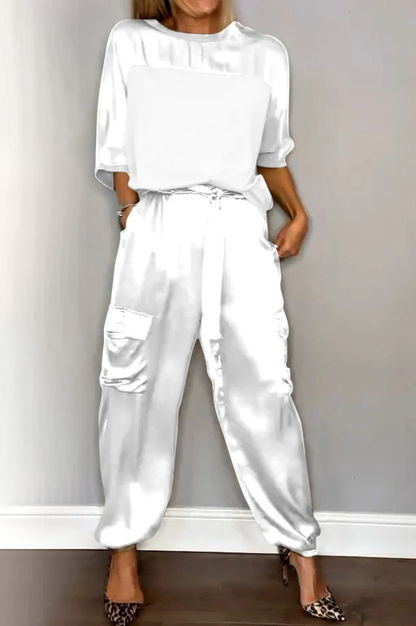 Women Plain Pocket Stitching Two-Piece Set Daily Half Sleeve Casual Summer Top With Pants Matching Set
