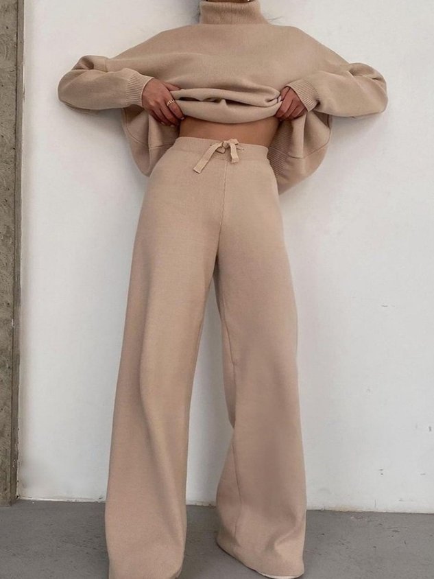 Women Plain Lace-up Two-Piece Set Daily Long Sleeve Casual Spring/Fall Top With Pants Matching Set