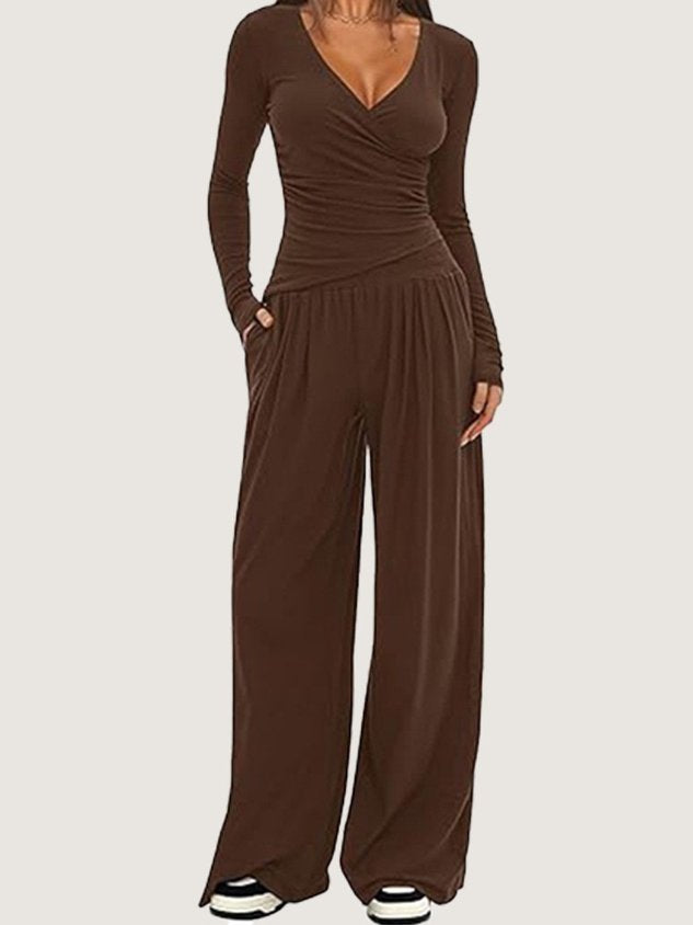 Women Plain Split Joint Two-Piece Set Daily Long Sleeve Casual Spring/Fall Top With Pants Matching Set