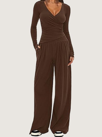 Women Plain Split Joint Two-Piece Set Daily Long Sleeve Casual Spring/Fall Top With Pants Matching Set