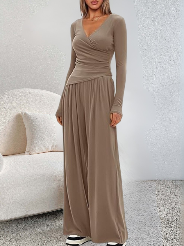 Women Plain Split Joint Two-Piece Set Daily Long Sleeve Casual Spring/Fall Top With Pants Matching Set
