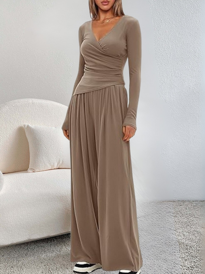 Women Plain Split Joint Two-Piece Set Daily Long Sleeve Casual Spring/Fall Top With Pants Matching Set