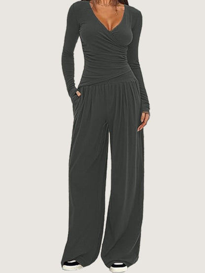 Women Plain Split Joint Two-Piece Set Daily Long Sleeve Casual Spring/Fall Top With Pants Matching Set