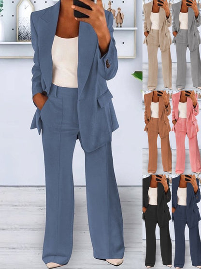 Women Plain Split Joint Two-Piece Set Daily Long Sleeve Casual Spring/Fall Coat With Pants Matching Set