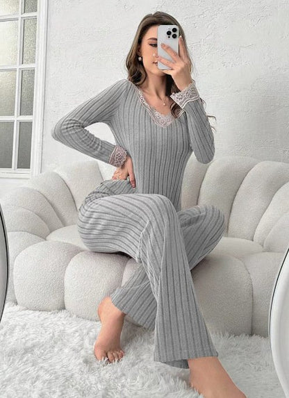 Women Plain Two-Piece Set Daily Long Sleeve Casual Spring/Fall Top With Pants Matching Set