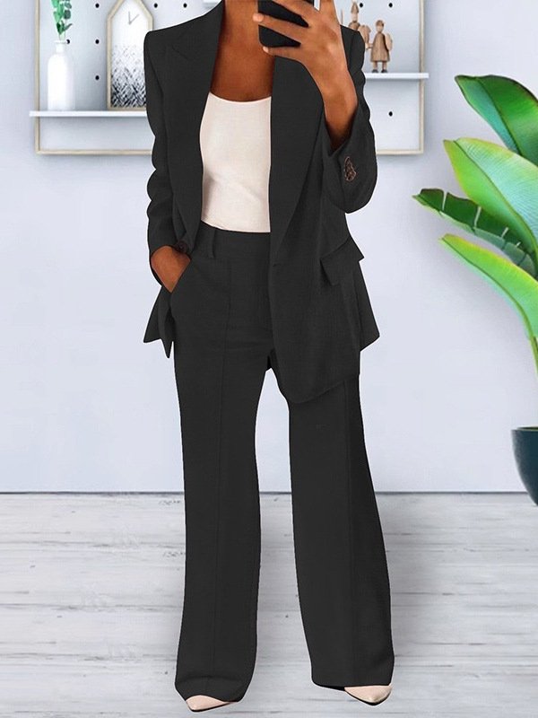 Women Plain Split Joint Two-Piece Set Daily Long Sleeve Casual Spring/Fall Coat With Pants Matching Set