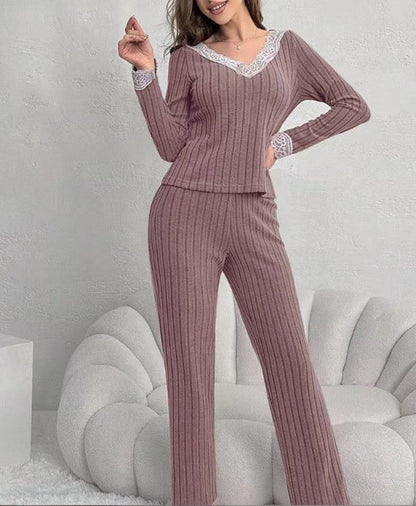 Women Plain Two-Piece Set Daily Long Sleeve Casual Spring/Fall Top With Pants Matching Set