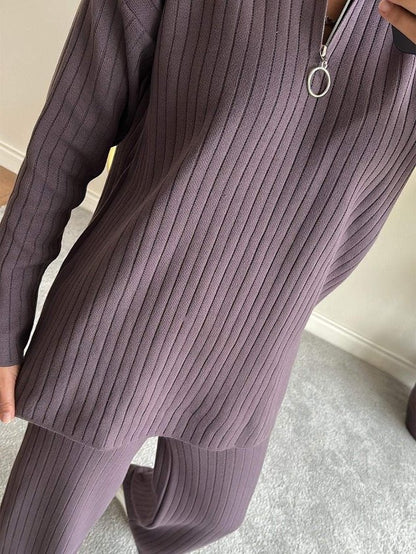 Women Plain Split Joint Two-Piece Set Daily Long Sleeve Casual Spring/Fall Top With Pants Matching Set