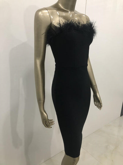 Womens Strapless Backless Feather Bodycon Dress SIZE XS-L